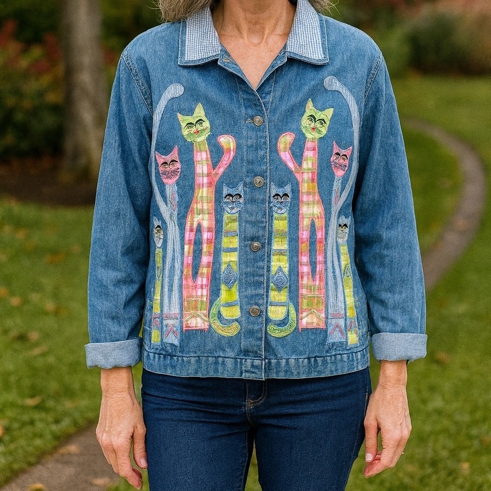 Vtg Tantrums Small Denim Jacket Embroidered Patchwork Cats Whimsical‎ Cottage